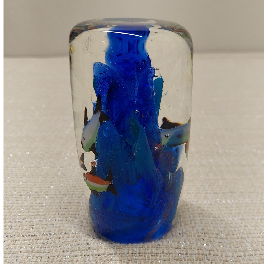 Art Glass Paperweight Tropical Fish Blue Coral Underwater Scene Cylinder 4.5" - Picture 4 of 12